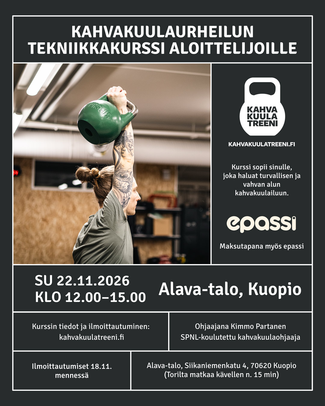 Kahvakuulaurheilun tekniikkakurssi aloittelijoille Kuopiossa